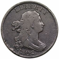 1802/0 Draped Bust Half Cent, Reverse of 1802, C-2, R3, struck over spoiled large cent, VF detail.