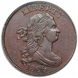 1806 Draped Bust Half Cent, Large 6, Stems, C-4, R1, ANACS AU53