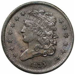 1835 Classic Head Half Cent, C-1, R1, struck on type 1 planchet, AU55.