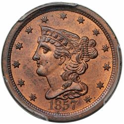 1857 Braided Hair Half Cent, C-1, R1, PCGS MS64RB.