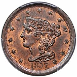 1857 Braided Hair Half Cent, C-1, R1, PCGS MS63RB.