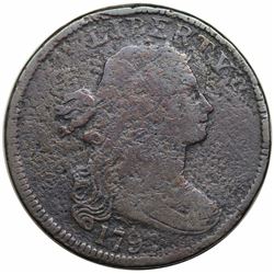 1797 Draped Bust Large Cent, No Stems, S-133, R5, VG detail, environmental damage.