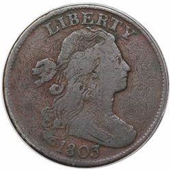 1803 Draped Bust Large Cent, Small Date, Large Fraction, S-258, R1, ANACS F12 details, corroded.