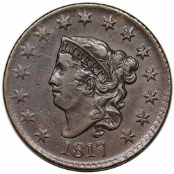 1817 Coronet Head Large Cent, 15 Stars, N-16, R1, AU50.