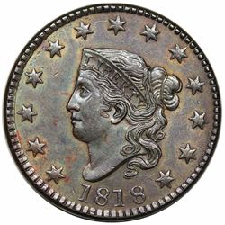 1818 Coronet Head Large Cent, N-7, R1, AU58.