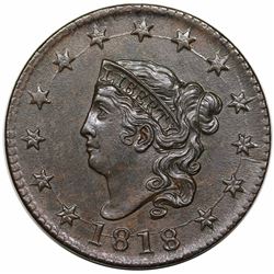 1818 Coronet Head Large Cent, N-10, R1, AU58.