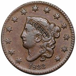 1833 Coronet Head Large Cent, N-1, R2, VF35.