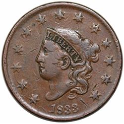 1833 Coronet Head Large Cent, N-2, R2, VF20.
