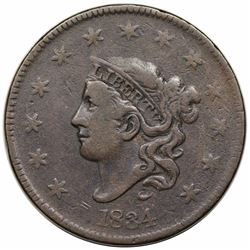 1834 Coronet Head Large Cent, Large 8, Large Stars, Medium Letters, N-5, R4, VF20.