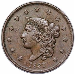 1837 Coronet Head Large Cent, N-4, R2, ANACS AU50.