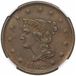 1842 Braided Hair Large Cent, Large Date, N-6, R1, NGC AU53, ex Newman