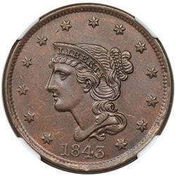 1843 Braided Hair Large Cent, Petite Head, Small Letters, N-3, R3, NGC AU55