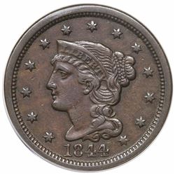 1844 Braided Hair Large Cent, N-5, R1, ANACS EF45.