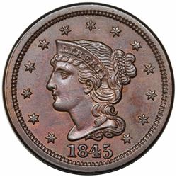 1845 Braided Hair Large Cent, N-9, R2, AU58.