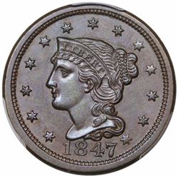 1847 Braided Hair Large Cent, N-28, R4, PCGS MS61BN.