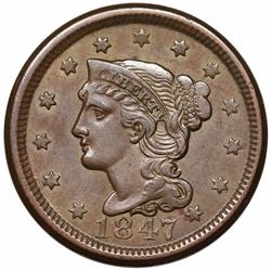 1847 Braided Hair Large Cent, N-38, R1, LDS (old N-16), AU50.