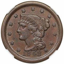 1848 Braided Hair Large Cent, N-3, R2, NGC AU53.