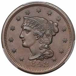 1848 Braided Hair Large Cent, N-29, R3, PCGS MS62BN CAC.