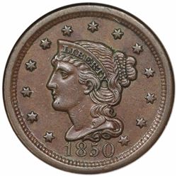 1850 Braided Hair Large Cent, N-1, R2, NGC AU58, ex Reiver.