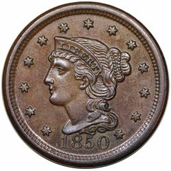 1850 Braided Hair Large Cent, N-3, R1, AU58.