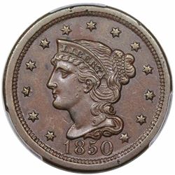 1850 Braided Hair Large Cent, N-13, R4, PCGS AU55, ex Twin Leaf.