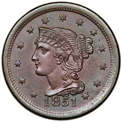 1851 Braided Hair Large Cent, N-6, R1, MS62BN.