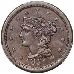 1851 Braided Hair Large Cent, N-14, R2, PCGS MS62BN.