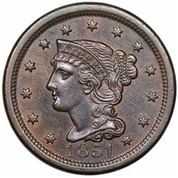 1851 Braided Hair Large Cent, N-18, R1, AU55.