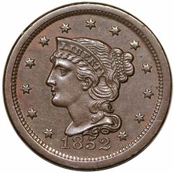 1852 Braided Hair Large Cent, N-6, R2, AU55.