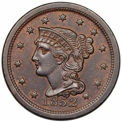 1852 Braided Hair Large Cent, N-18, R3, AU58.