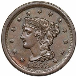 1852 Braided Hair Large Cent, N-20, R3, AU58.