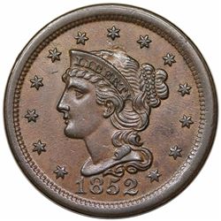 1852 Braided Hair Large Cent, N-21, 43, AU58.