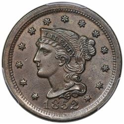 1852 Braided Hair Large Cent, N-22, R1, M-LDS (old N-9), PCGS AU58, ex Iskra.