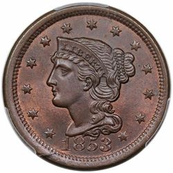 1853 Braided Hair Large Cent, N-25, R1, PCGS MS66BN.