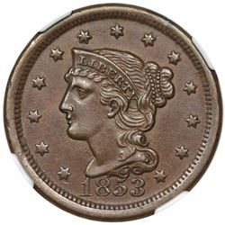 1853 Braided Hair Large Cent, N-25, R1, NGC AU58.