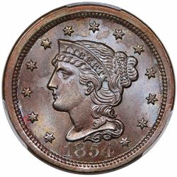 1854 Braided Hair Large Cent, N-8, R1, PCGS MS66BN.