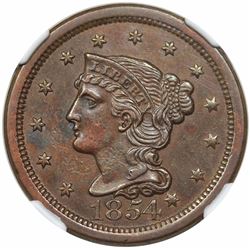 1854 Braided Hair Large Cent, N-1, R3, NGC AU58.