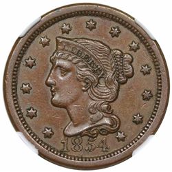 1854 Braided Hair Large Cent, N-20, R3, NGC AU58.