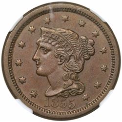 1855 Braided Hair Large Cent, Upright 55, N-4, R1, NGC MS61BN.