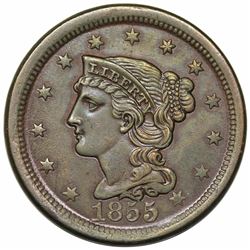 1855 Braided Hair Large Cent, Upright 55, N-6, R3, AU53.