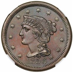 1856 Braided Hair Large Cent, Upright 5, N-6, R1, NGC MS63BN.