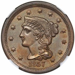 1857 Braided Hair Large Cent, Small Date, N-2, R1, NGC MS64BN.
