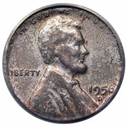 1956-D Lincoln Cent, struck on dime planchet, ANACS EF40 details, damaged.