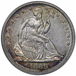 1869 Seated Liberty Half Dollar, ANACS AU50 details, cleaned.