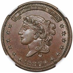 1837 Hard Times Token, Liberty, Not One Cent, Low 28, HT-42, NGC MS64BN.