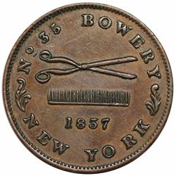1837 Hard Times Token, New York, NY: Phalon's Hair Cutting, Low 127, HT-304, AU50.