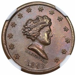 1863 Civil War Token, Millions For Defence, Fuld 43/388a, NGC MS63BN.