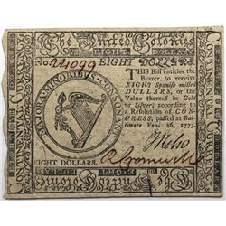 Continental Currency February 26, 1777 $8 Fr#CC-61 S/N 24099 PMG 58.