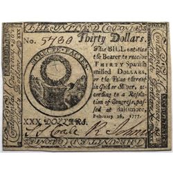 Continental Currency February 26, 1777 $30 Fr#CC-62 S/N 5480 PMG 58.