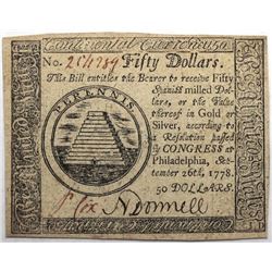 Continental Currency September 26, 1778 $50 Fr#CC-85 S/N 254289 PCGS 58 PPQ.